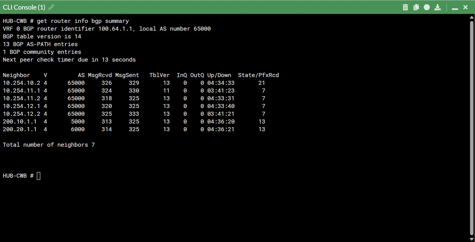 Underlay BGP summary route verification in FortiGate console